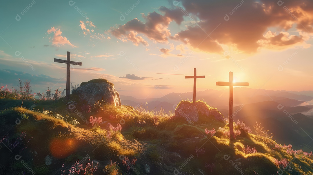 Imagem com três cruzes em uma colina ao pôr do sol para a festa da Páscoa Conceito de crucificação de Jesus Cristo