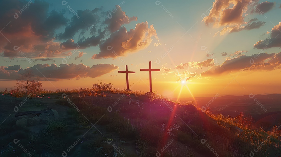 Imagem com três cruzes em uma colina ao pôr do sol para a festa da Páscoa Conceito de crucificação de Jesus Cristo