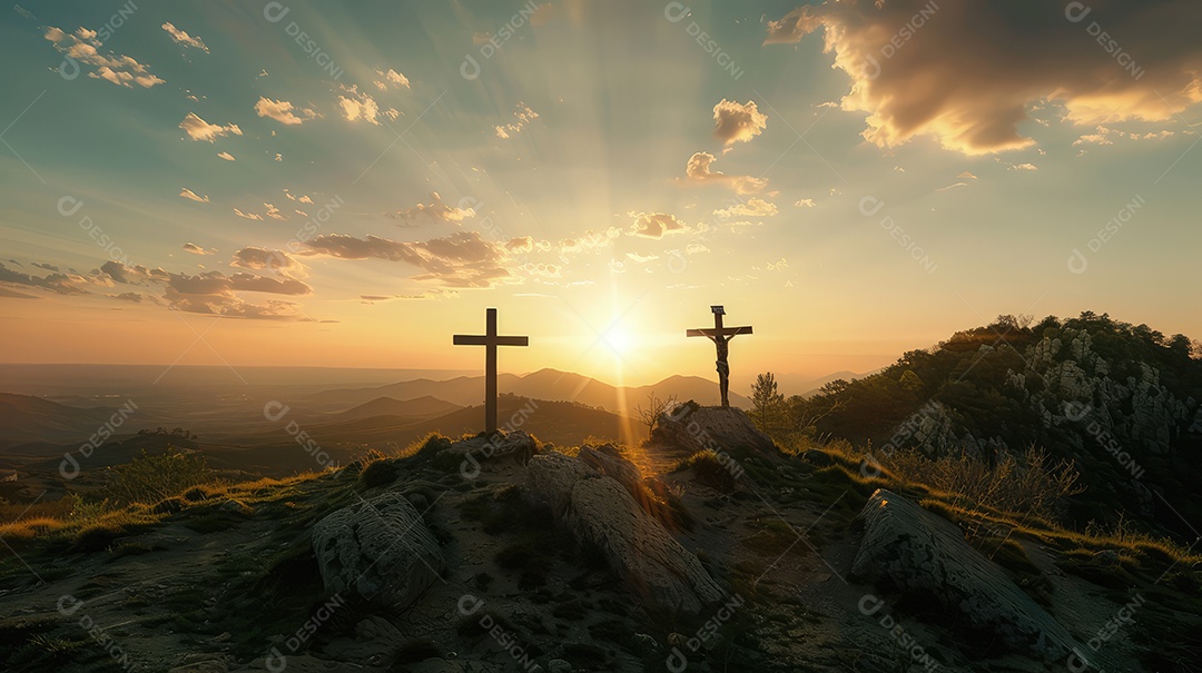 Imagem com três cruzes em uma colina ao pôr do sol para a festa da Páscoa Conceito de crucificação de Jesus Cristo