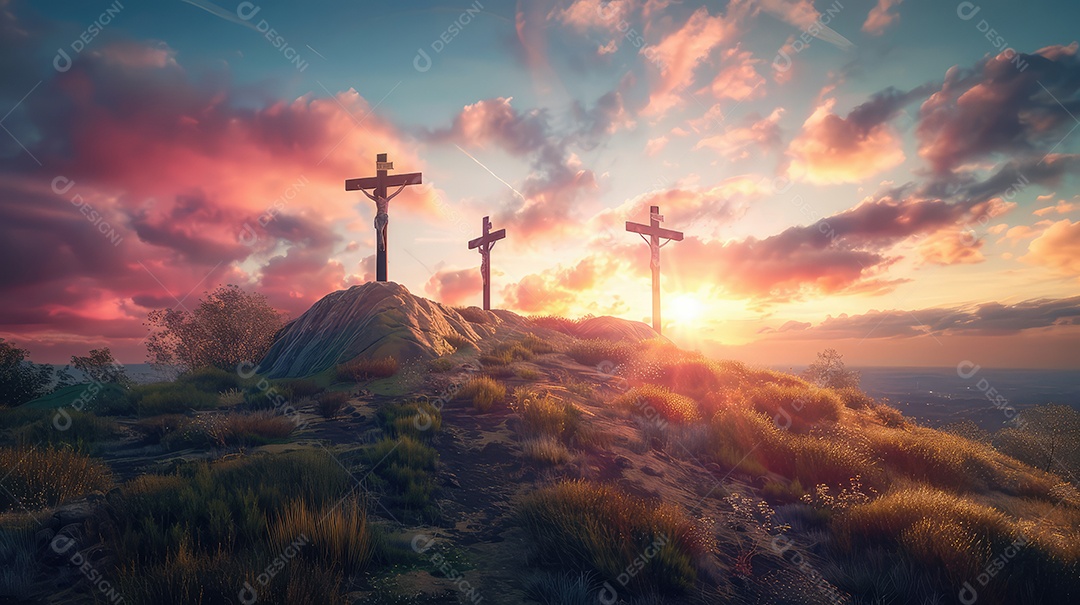 Imagem com três cruzes em uma colina ao pôr do sol para a festa da Páscoa Conceito de crucificação de Jesus Cristo