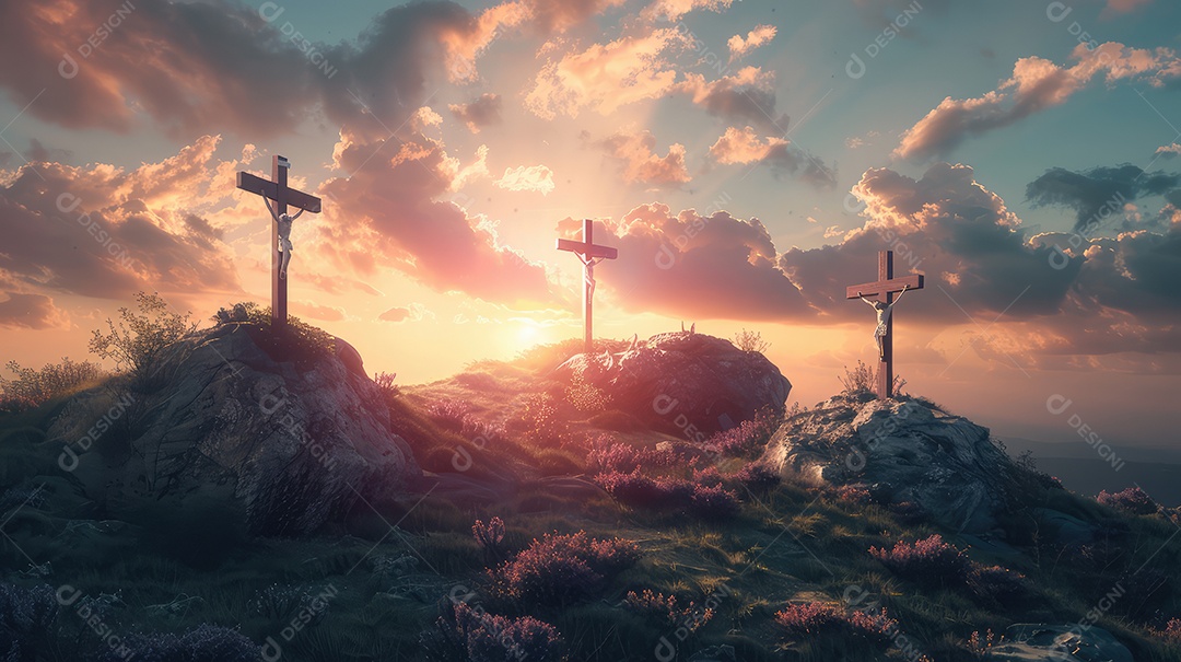 Imagem com três cruzes em uma colina ao pôr do sol para a festa da Páscoa Conceito de crucificação de Jesus Cristo