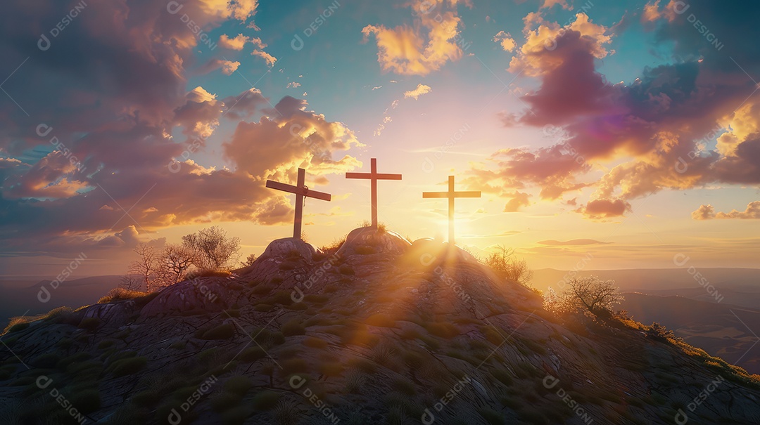 Imagem com três cruzes em uma colina ao pôr do sol para a festa da Páscoa Conceito de crucificação de Jesus Cristo