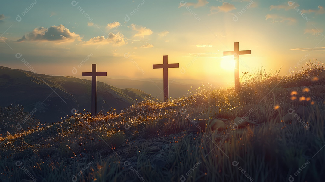 Imagem com três cruzes em uma colina ao pôr do sol para a festa da Páscoa Conceito de crucificação de Jesus Cristo