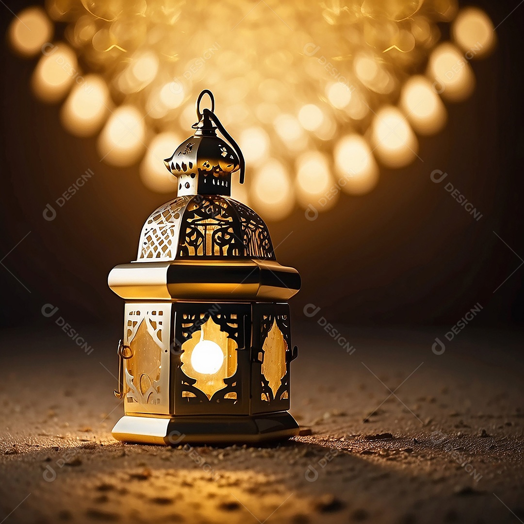 Lanterna islâmica dourada linda padrão espaço vazio luz do deserto