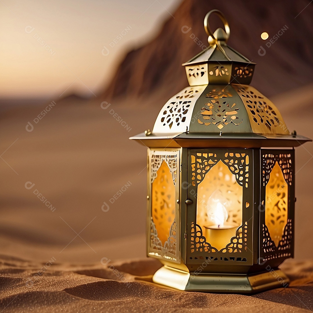 Lanterna islâmica dourada linda padrão espaço vazio luz do deserto