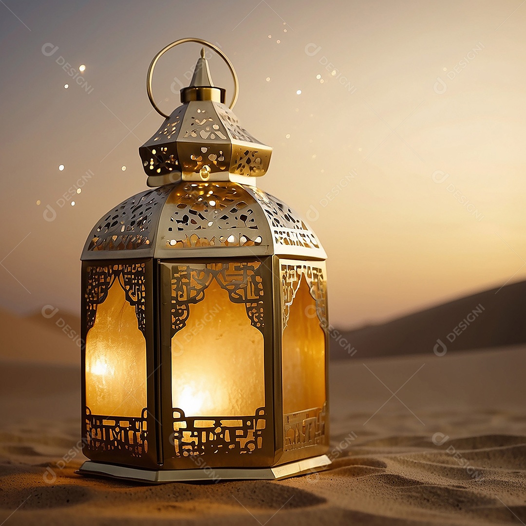 Lanterna islâmica dourada linda padrão espaço vazio luz do deserto