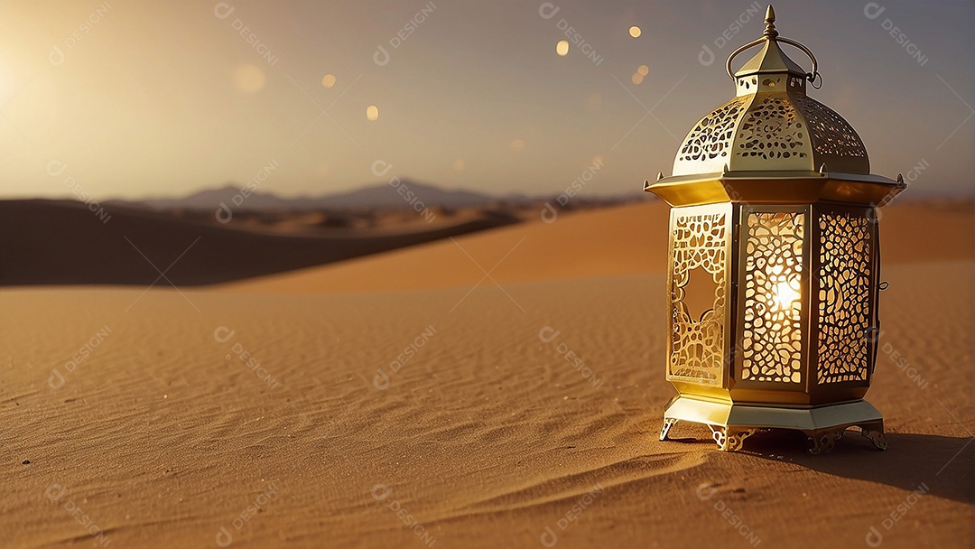 Padrão ouro lanterna islâmica espaço vazio deserto lua nuvens