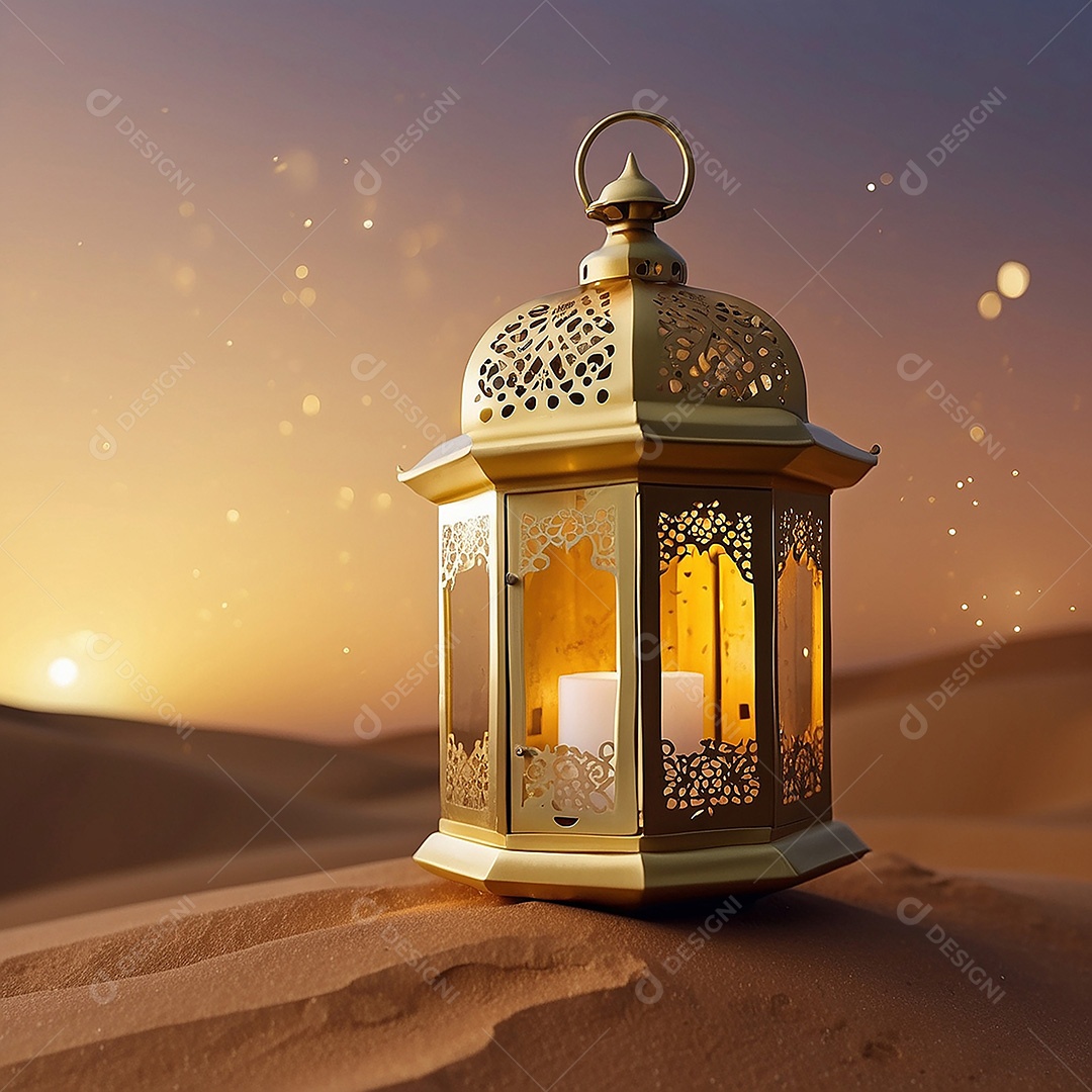 Padrão ouro lanterna islâmica espaço vazio deserto lua nuvens