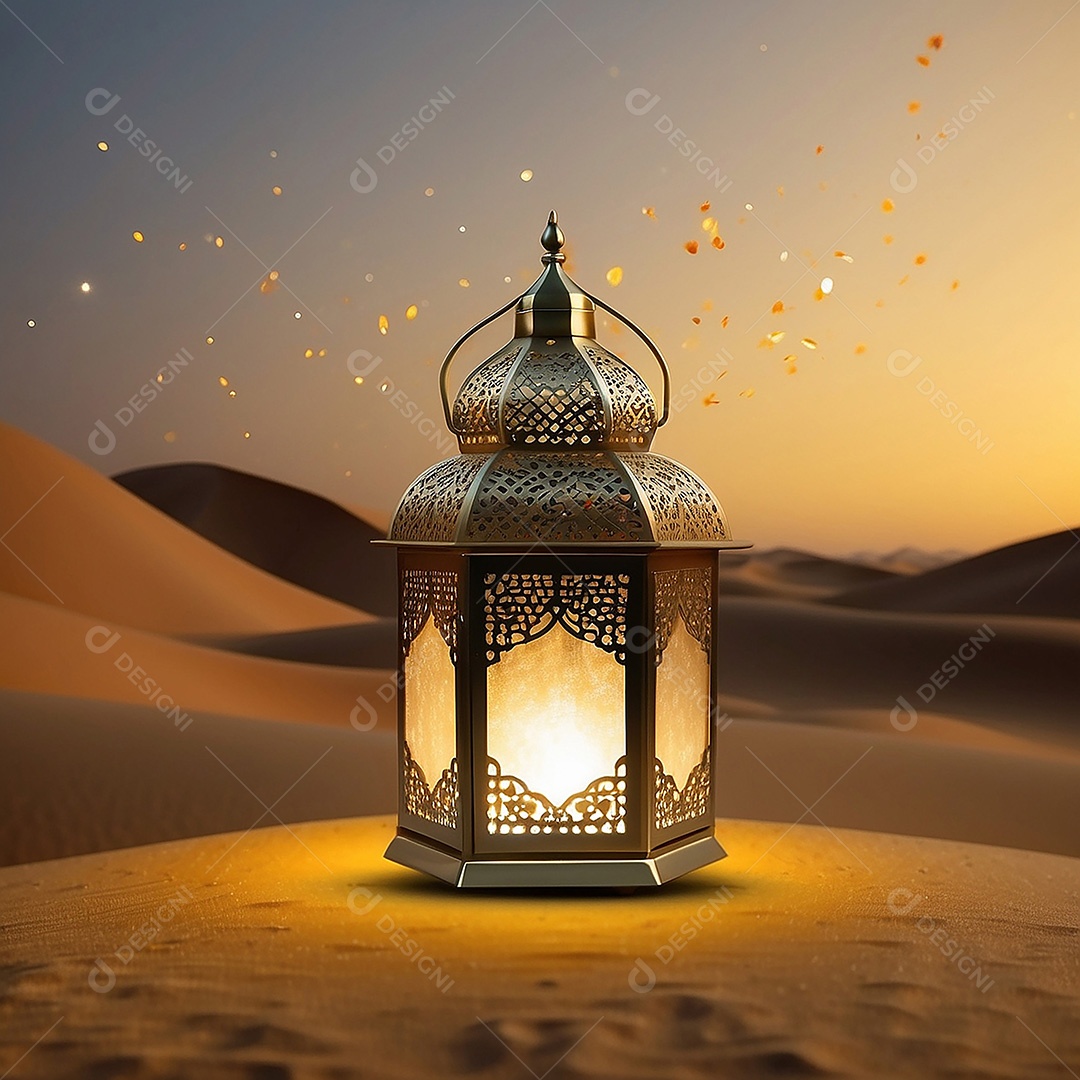 Padrão ouro lanterna islâmica espaço vazio deserto lua nuvens