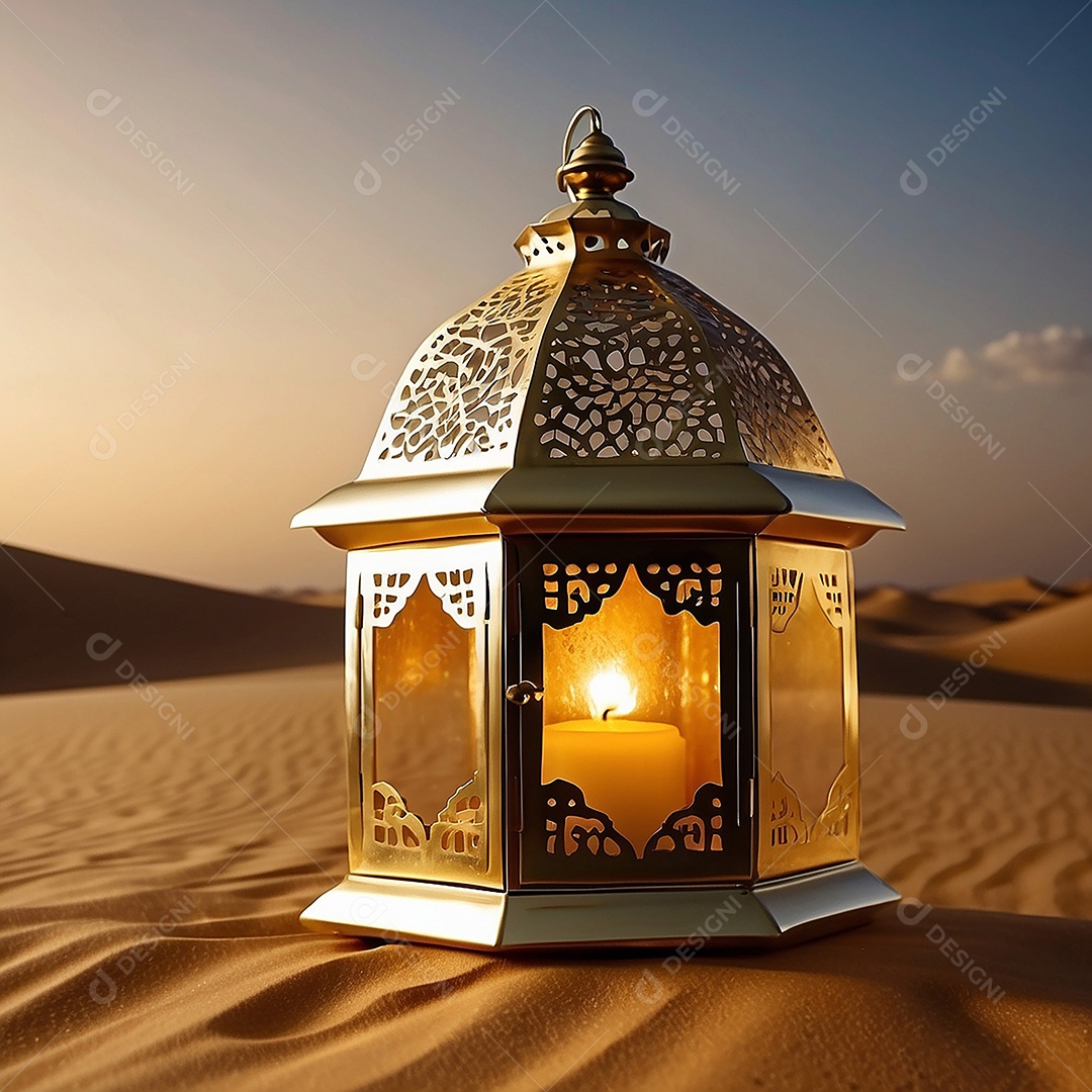 Padrão ouro lanterna islâmica espaço vazio deserto lua nuvens