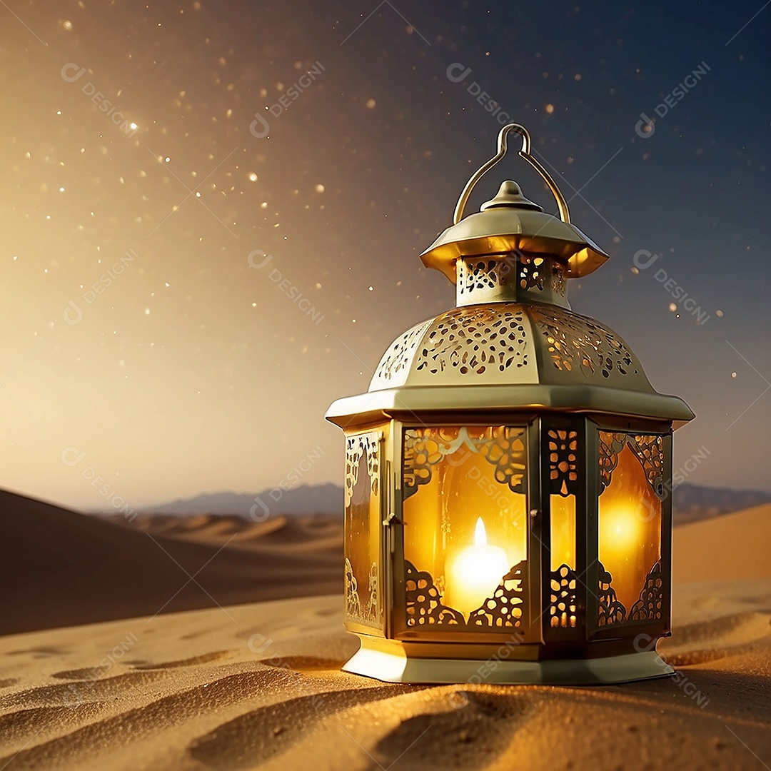 Padrão ouro lanterna islâmica espaço vazio deserto lua nuvens