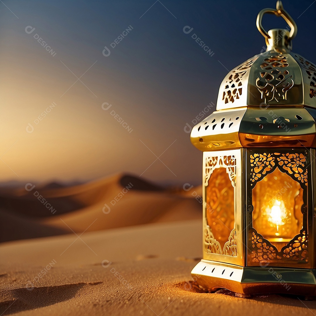 Padrão ouro lanterna islâmica espaço vazio deserto lua nuvens