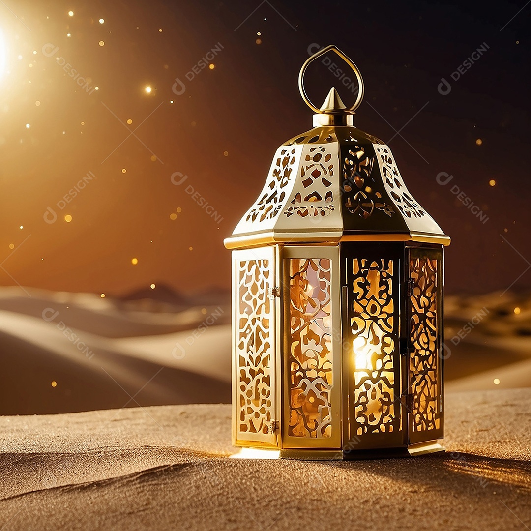 Padrão ouro lanterna islâmica espaço vazio deserto lua nuvens