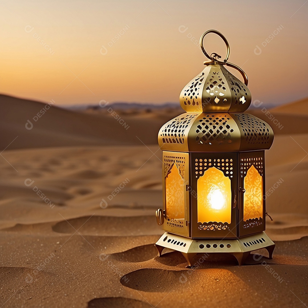 Padrão ouro lanterna islâmica espaço vazio deserto lua nuvens