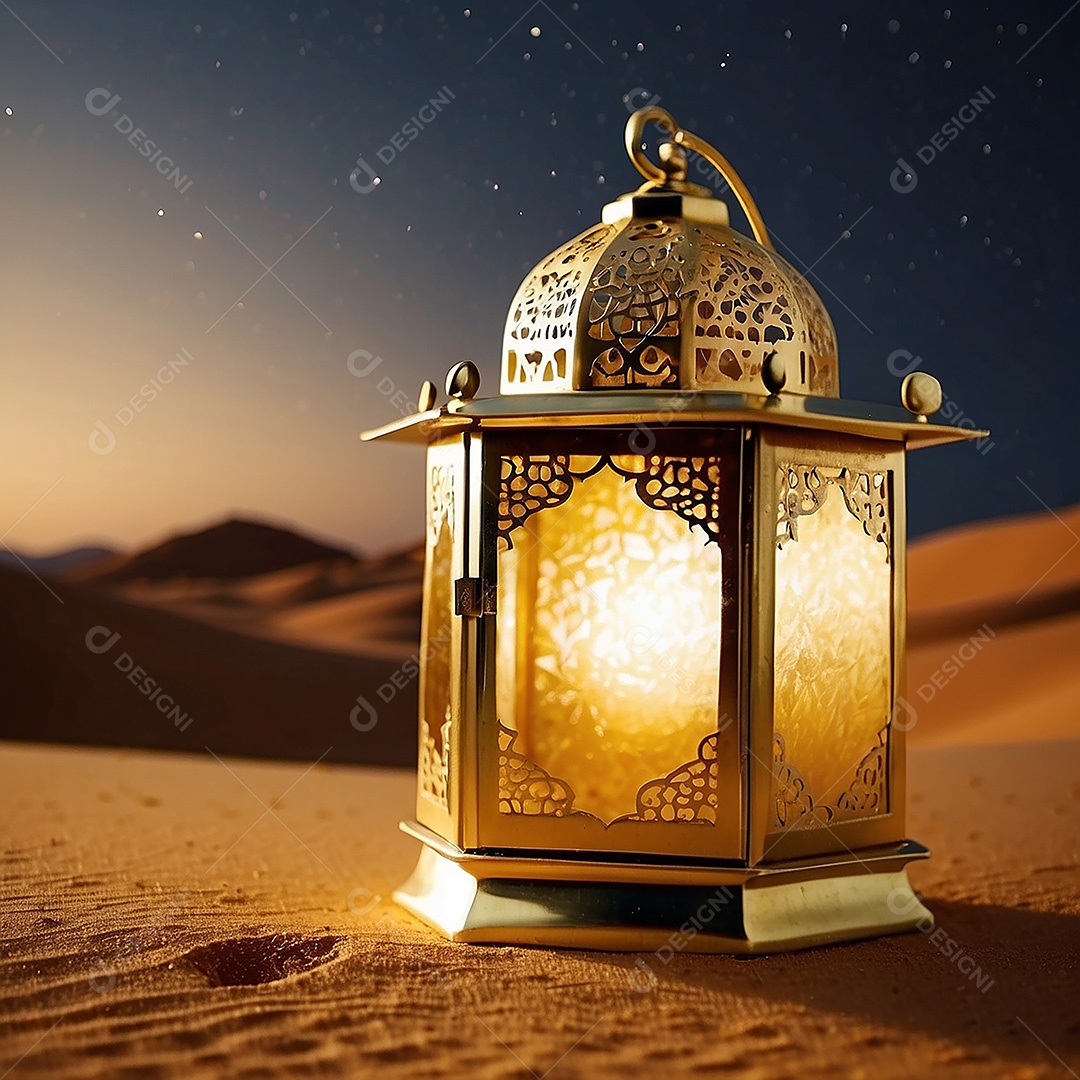 Padrão ouro lanterna islâmica espaço vazio deserto lua nuvens