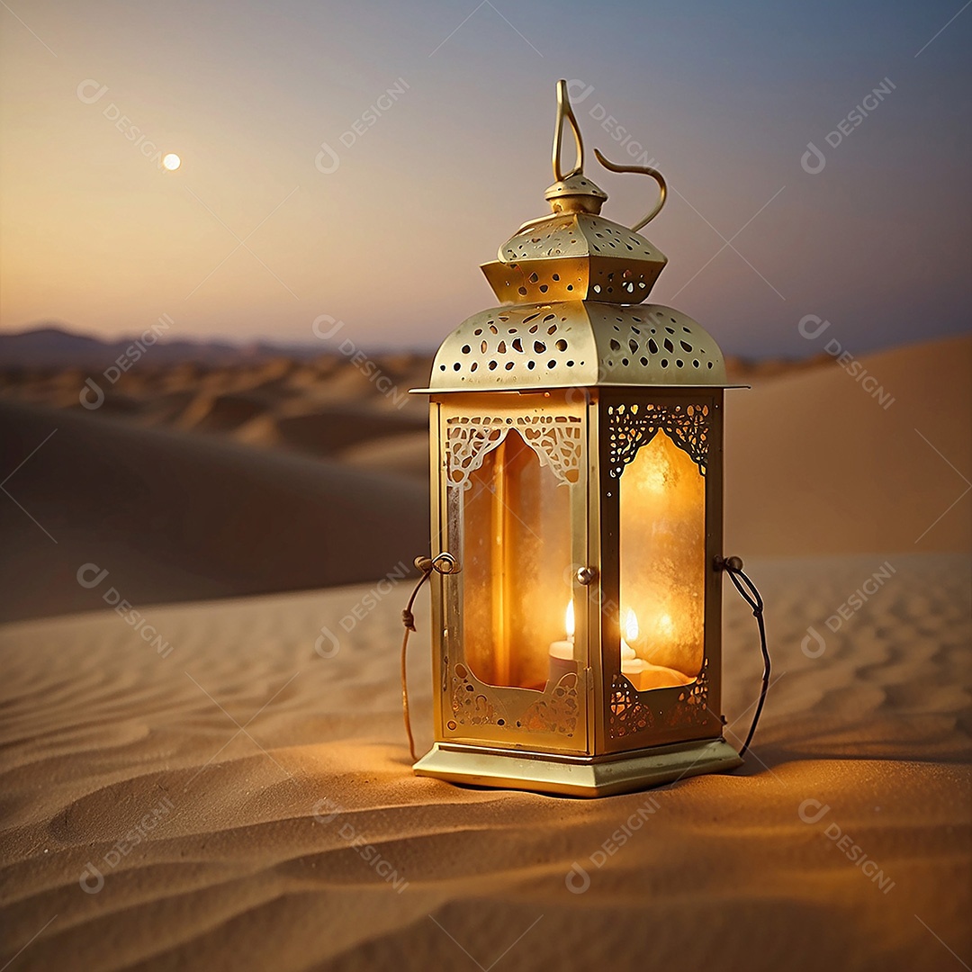 Padrão ouro lanterna islâmica espaço vazio deserto lua nuvens