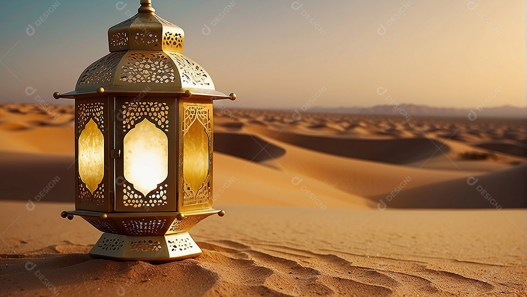 Padrão ouro lanterna islâmica espaço vazio deserto lua nuvens