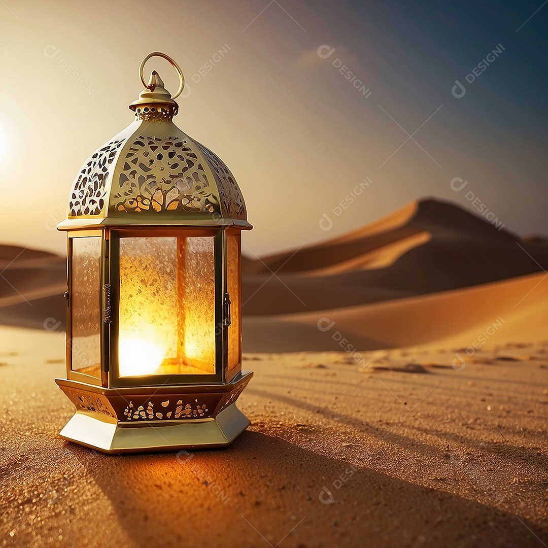 Padrão ouro lanterna islâmica espaço vazio deserto lua nuvens