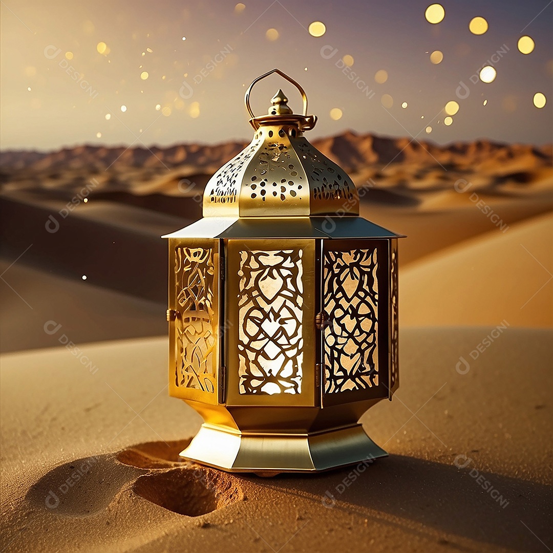 Padrão ouro lanterna islâmica espaço vazio deserto lua nuvens