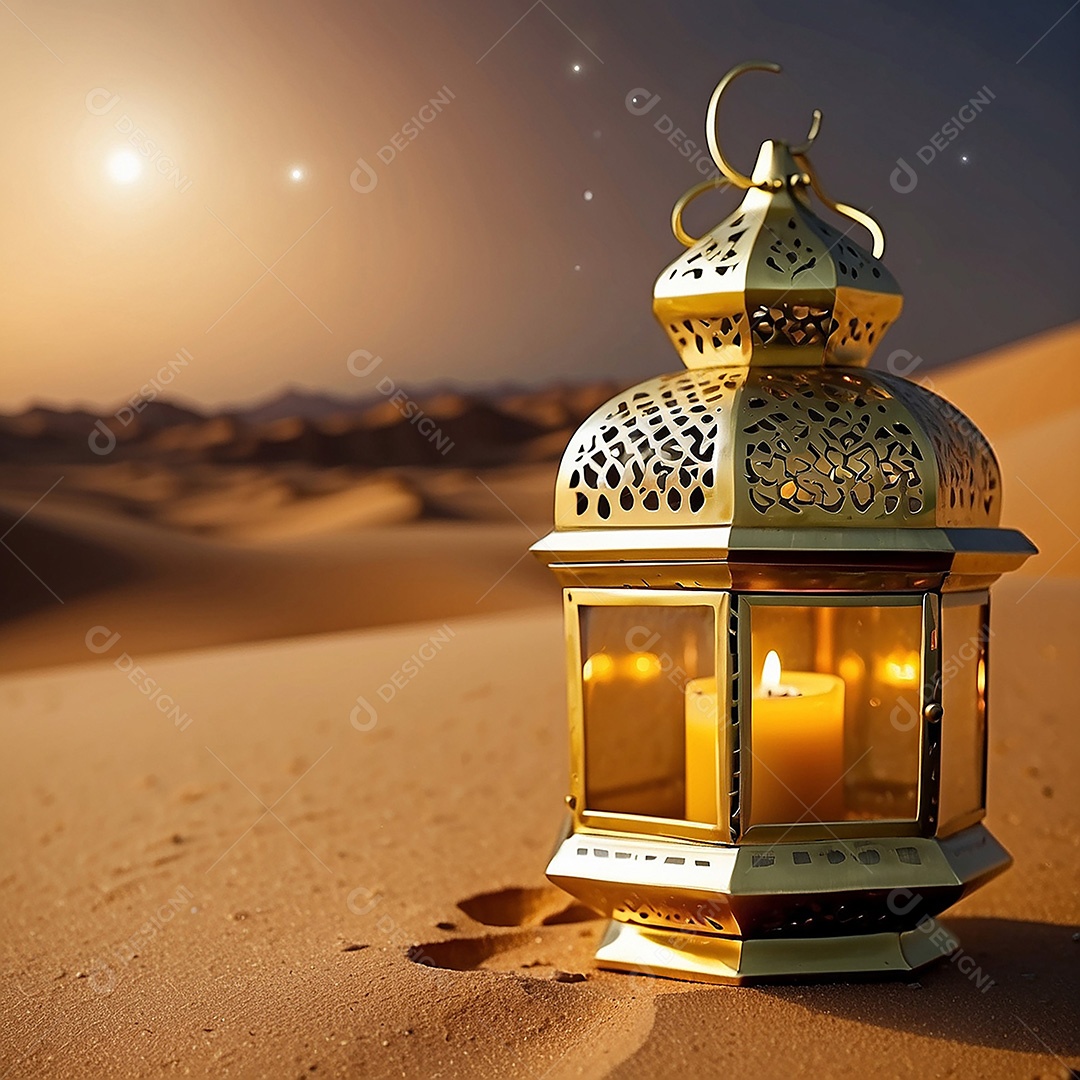 Padrão ouro lanterna islâmica espaço vazio deserto lua nuvens