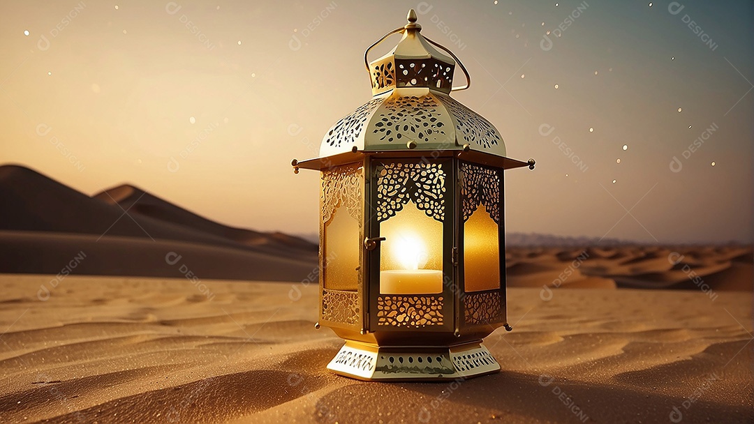 Padrão ouro lanterna islâmica espaço vazio deserto lua nuvens