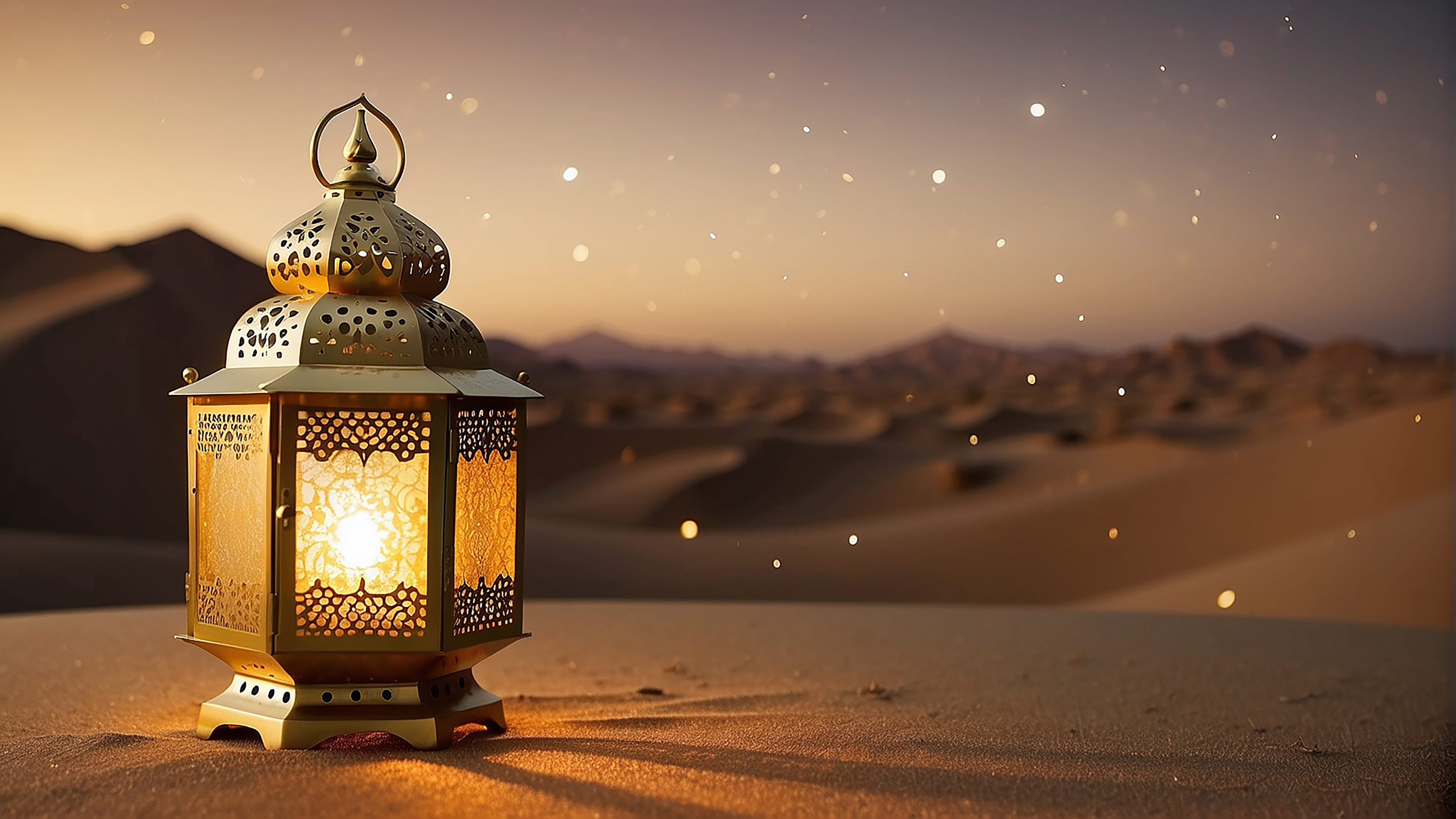 Padrão ouro lanterna islâmica espaço vazio deserto lua nuvens