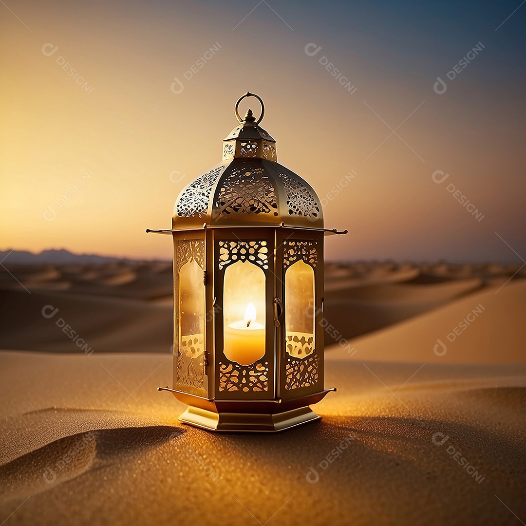 Padrão ouro lanterna islâmica espaço vazio deserto lua nuvens