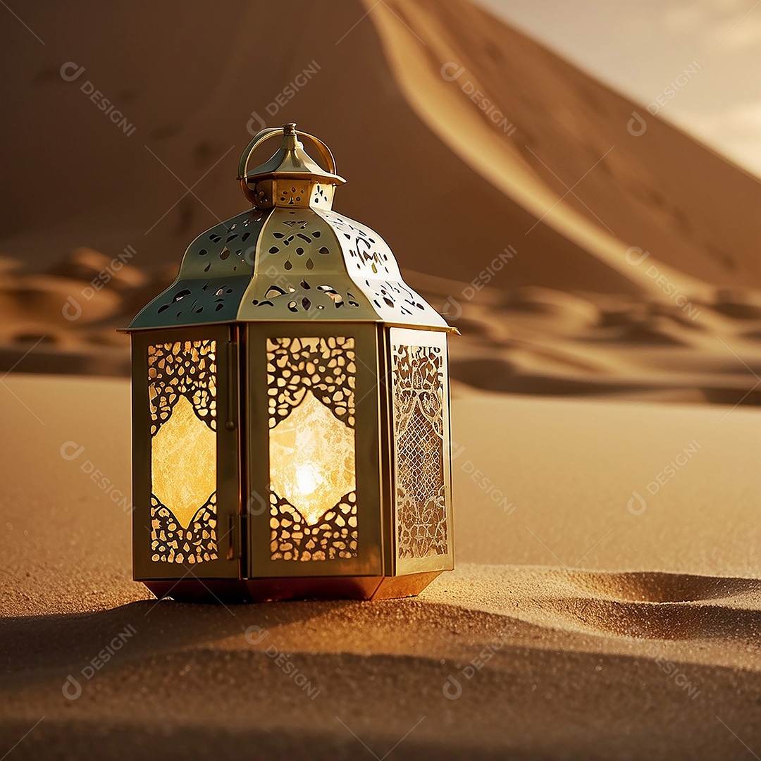 Padrão ouro lanterna islâmica espaço vazio deserto lua nuvens