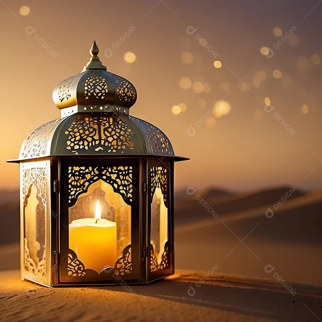 Padrão ouro lanterna islâmica espaço vazio deserto lua nuvens