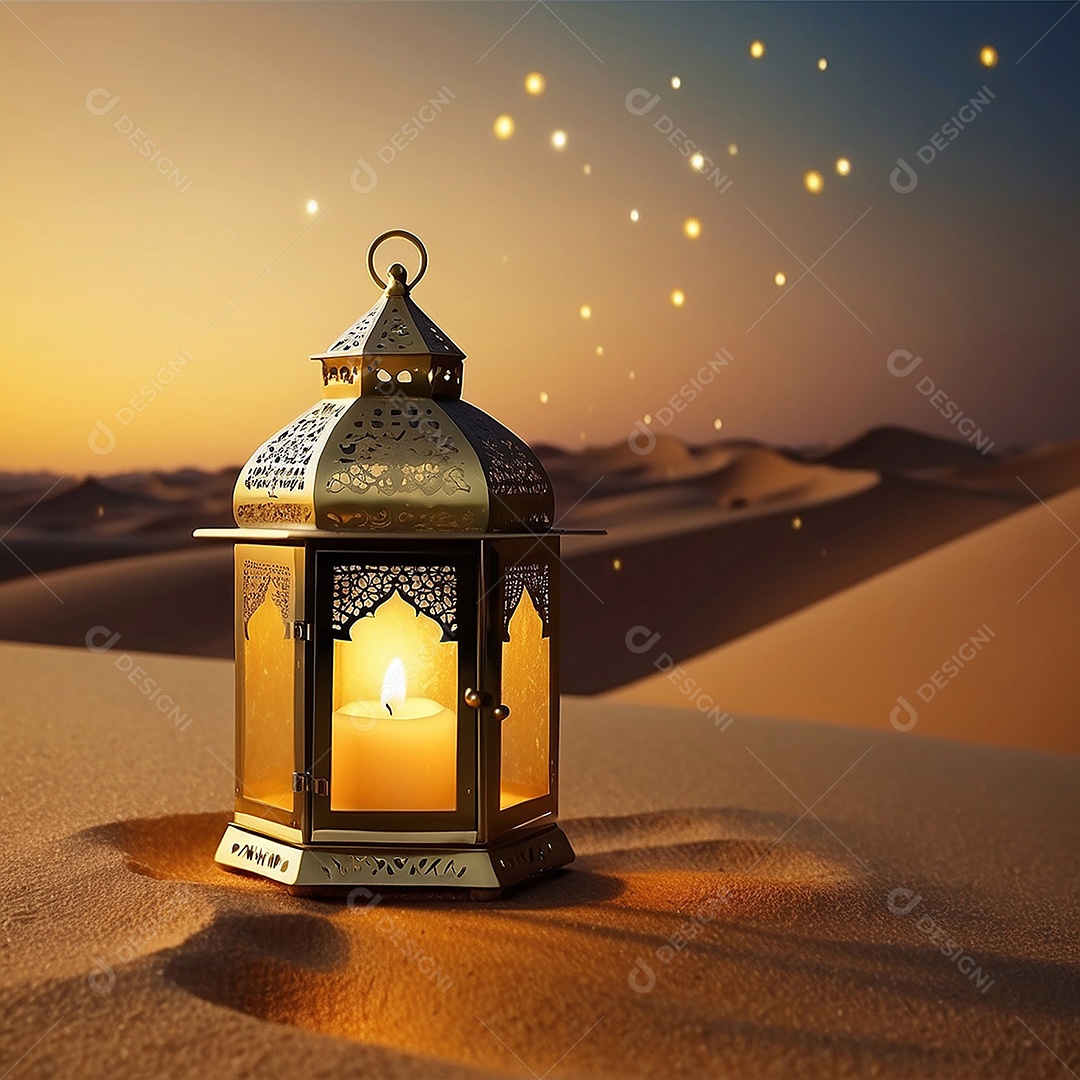 Padrão ouro lanterna islâmica espaço vazio deserto lua nuvens