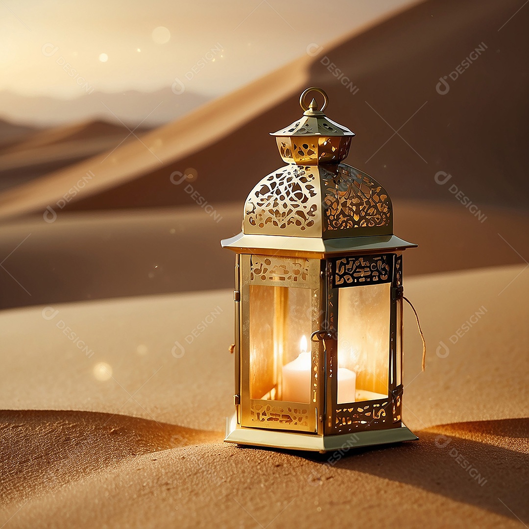 Padrão ouro lanterna islâmica espaço vazio deserto lua nuvens