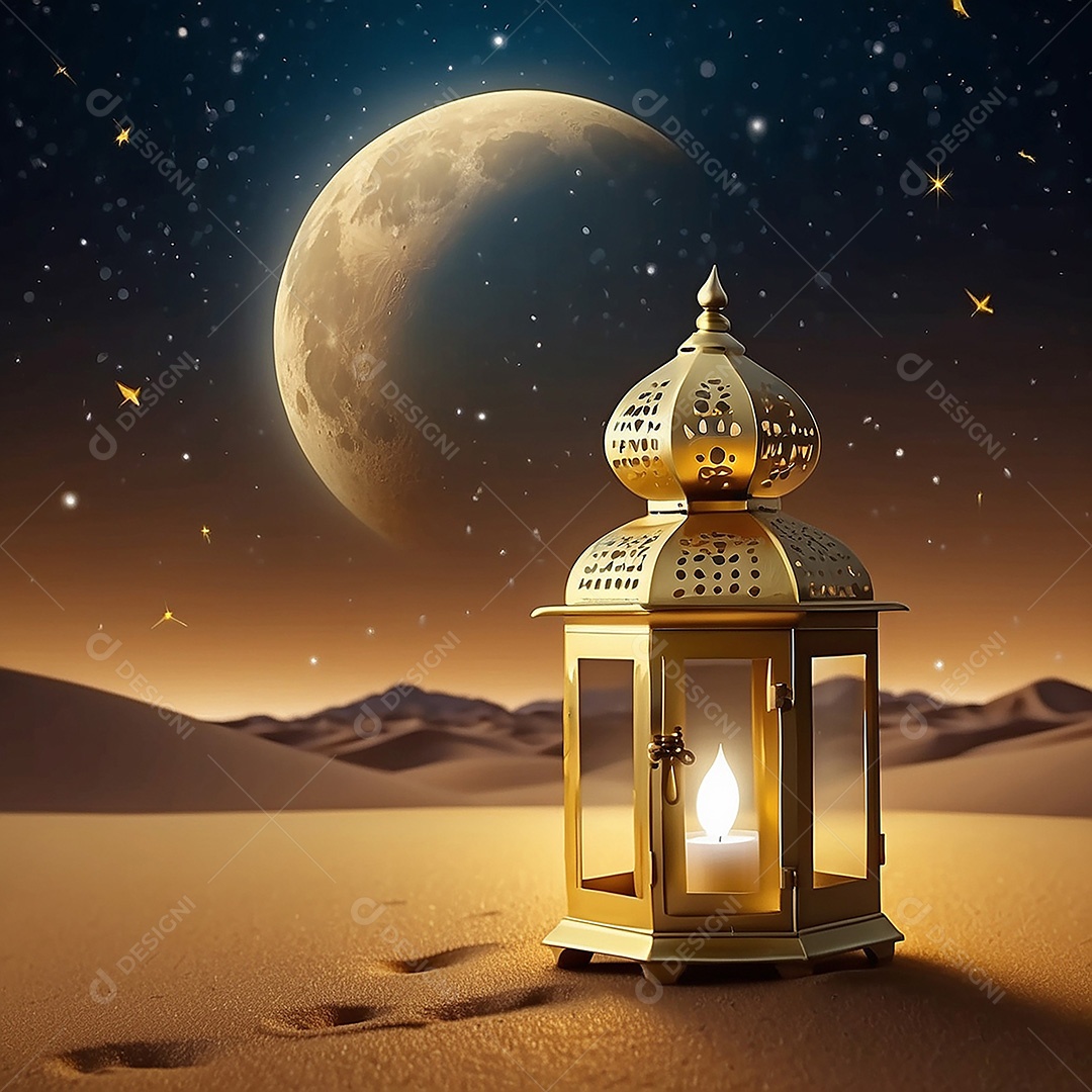 Padrão ouro lanterna islâmica espaço vazio deserto lua nuvens