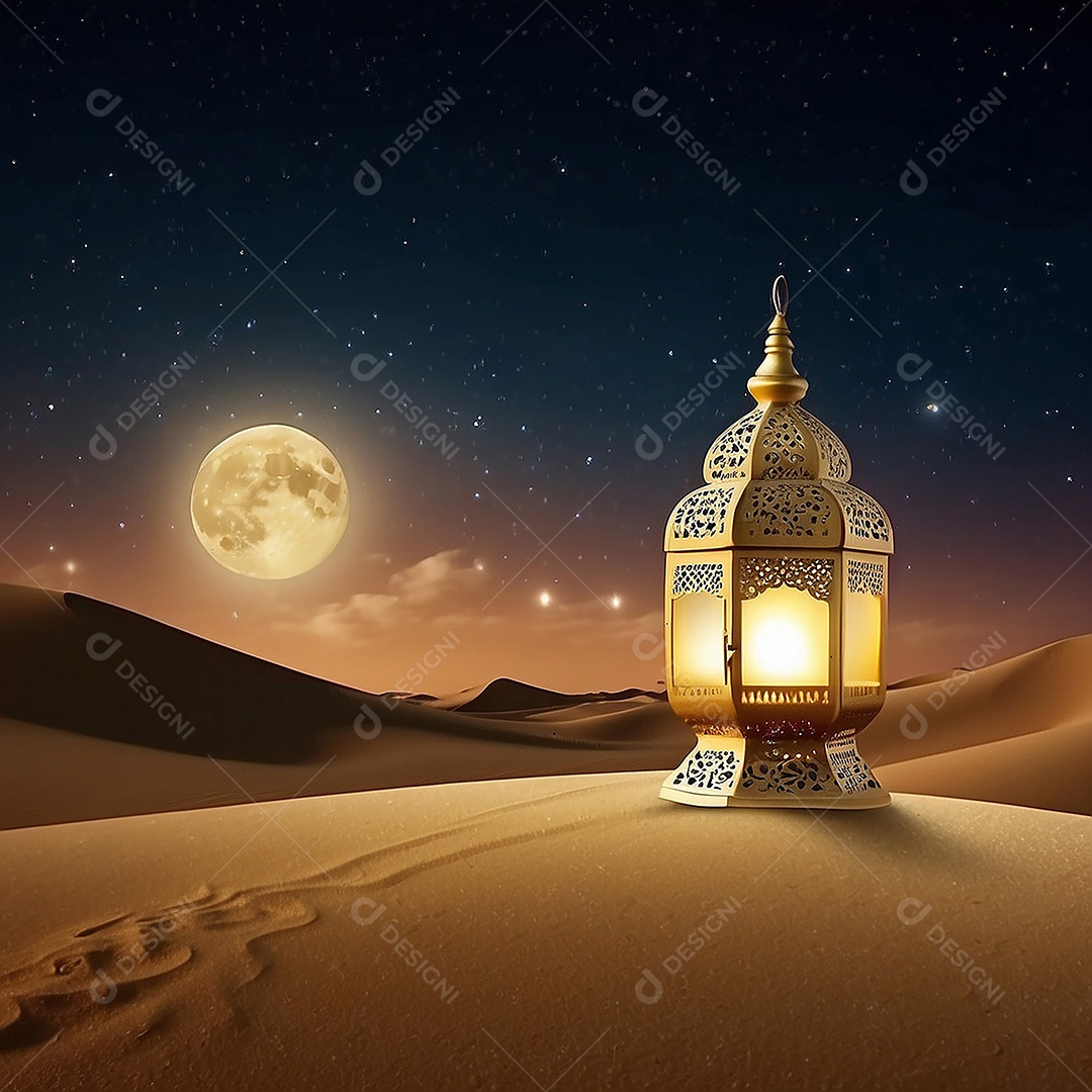 Padrão ouro lanterna islâmica espaço vazio deserto lua nuvens