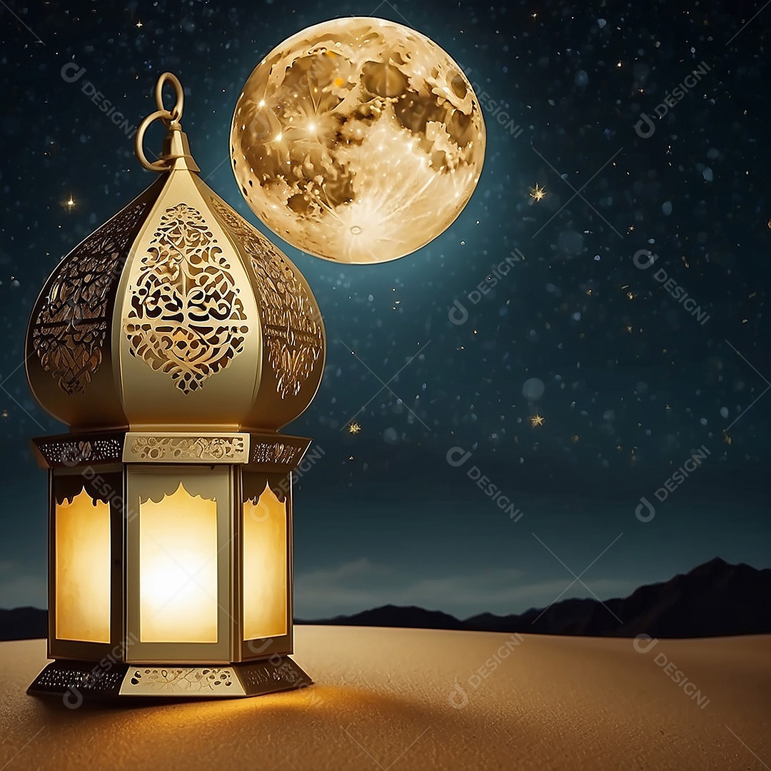 Padrão ouro lanterna islâmica espaço vazio deserto lua nuvens