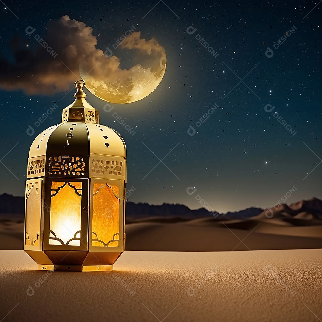 Padrão ouro lanterna islâmica espaço vazio deserto lua nuvens