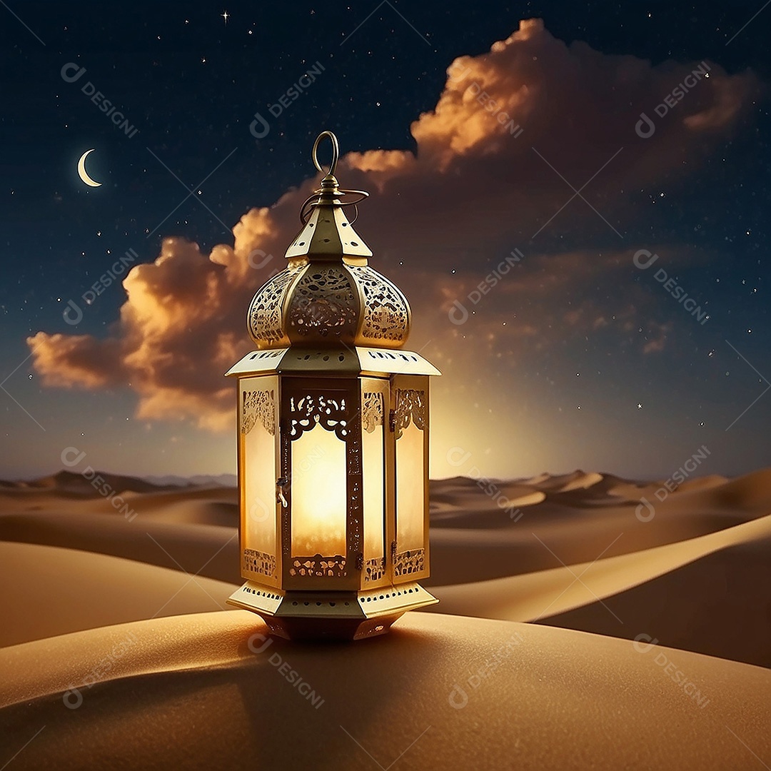 Padrão ouro lanterna islâmica espaço vazio deserto lua nuvens