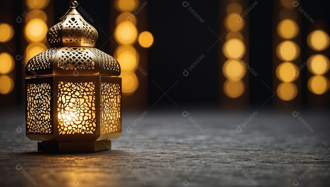 Padrão ouro islâmico lntern espaço vazio luzes fundo