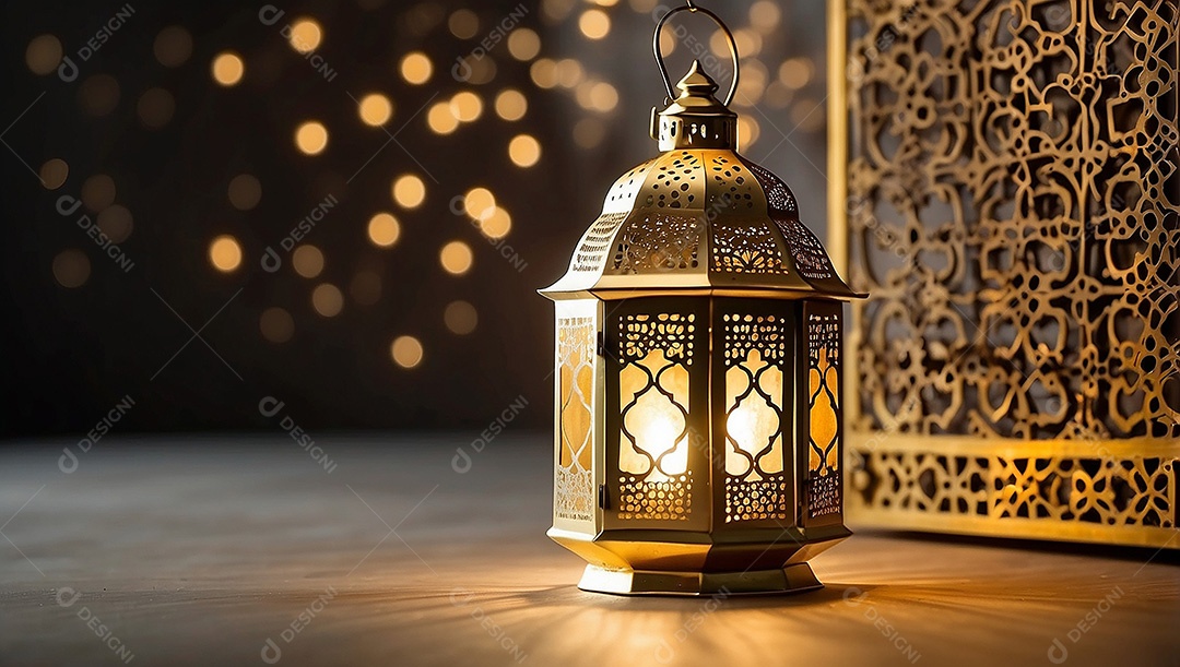 Padrão ouro islâmico lntern espaço vazio luzes fundo