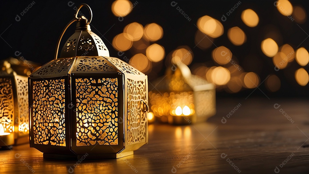 Lanterna islâmica de ouro padrão espaço vazio lua nuvens luzes