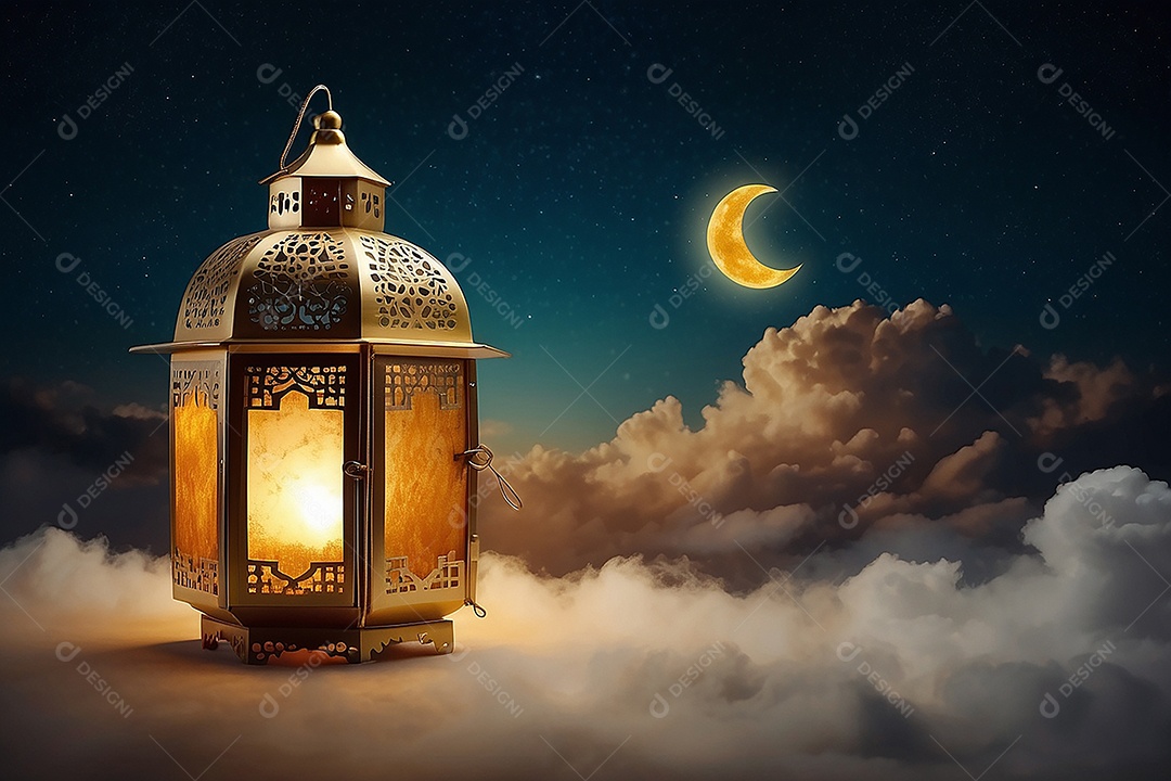 Lanterna islâmica de ouro padrão espaço vazio lua nuvens luzes