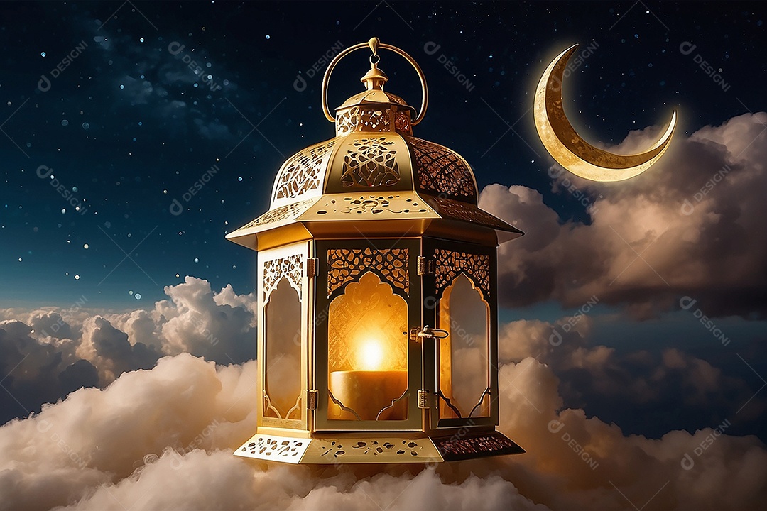 Lanterna islâmica de ouro padrão espaço vazio lua nuvens luzes