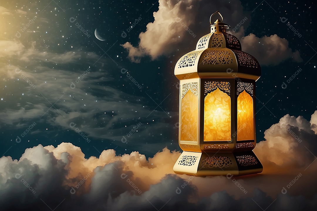 Lanterna islâmica de ouro padrão espaço vazio lua nuvens luzes