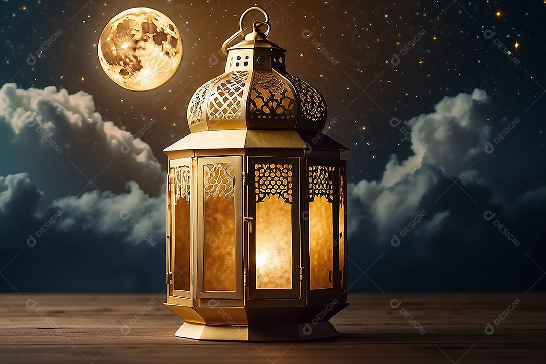 Lanterna islâmica de ouro padrão espaço vazio lua nuvens luzes