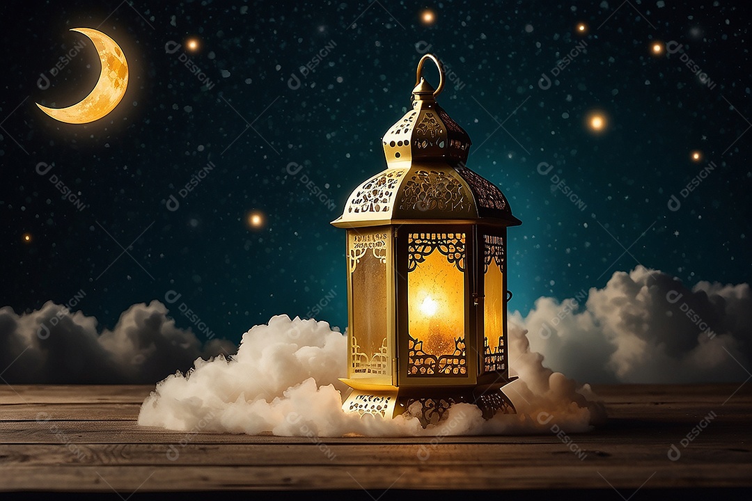 Lanterna islâmica de ouro padrão espaço vazio lua nuvens luzes