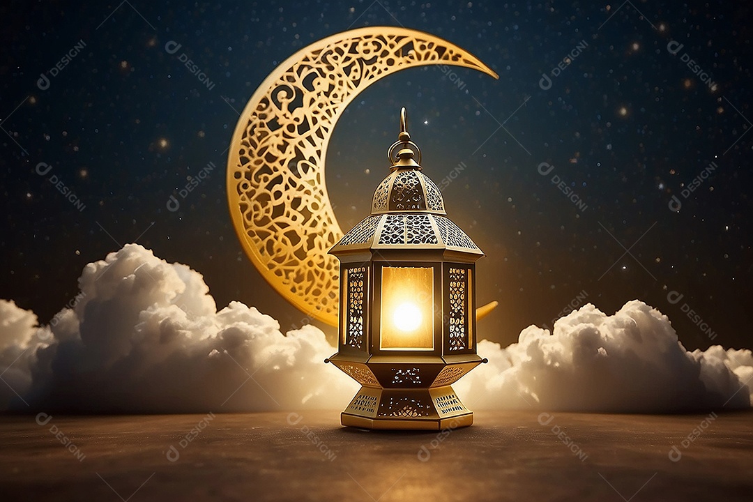 Lanterna islâmica de ouro padrão espaço vazio lua nuvens luzes