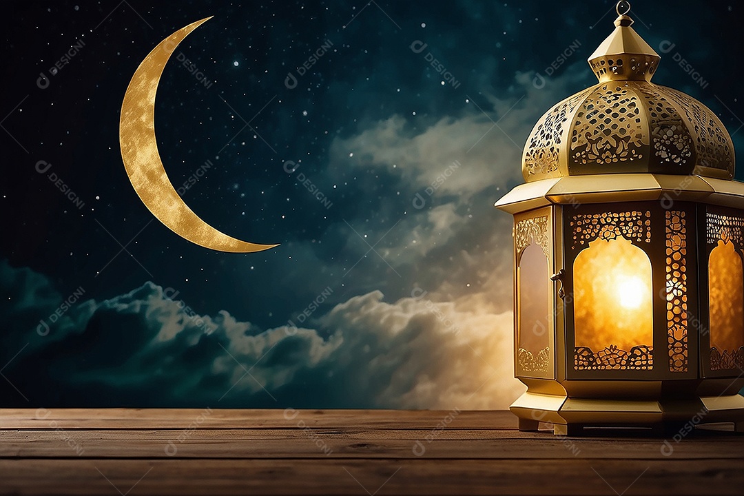 Lanterna islâmica de ouro padrão espaço vazio lua nuvens luzes