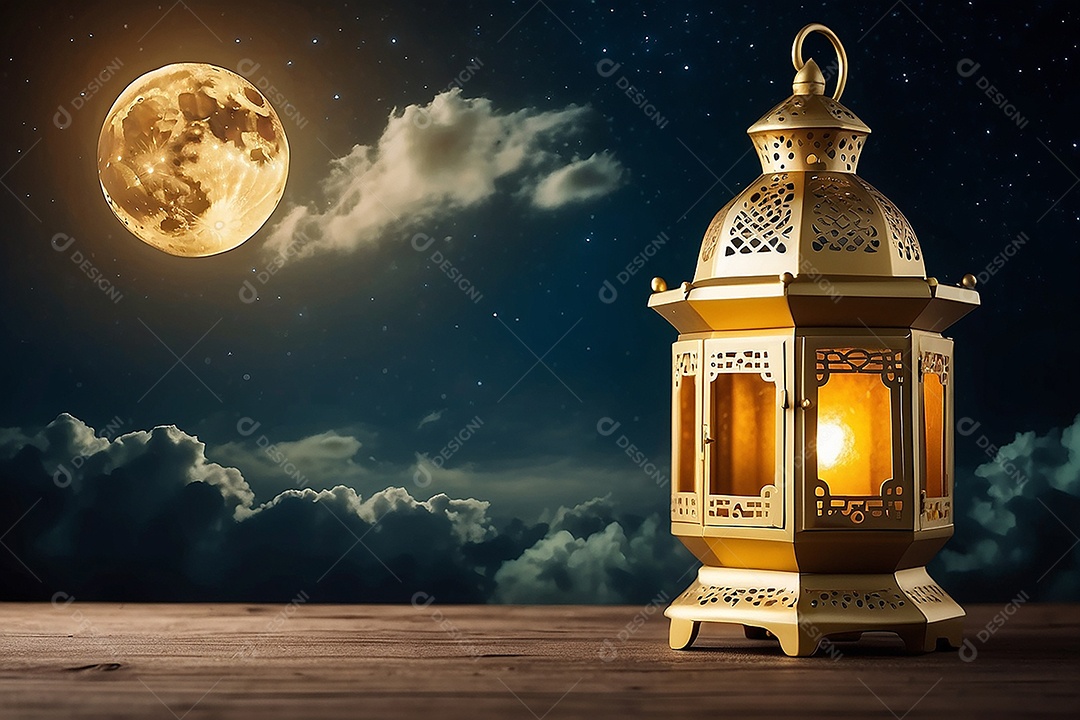 Lanterna islâmica de ouro padrão espaço vazio lua nuvens luzes