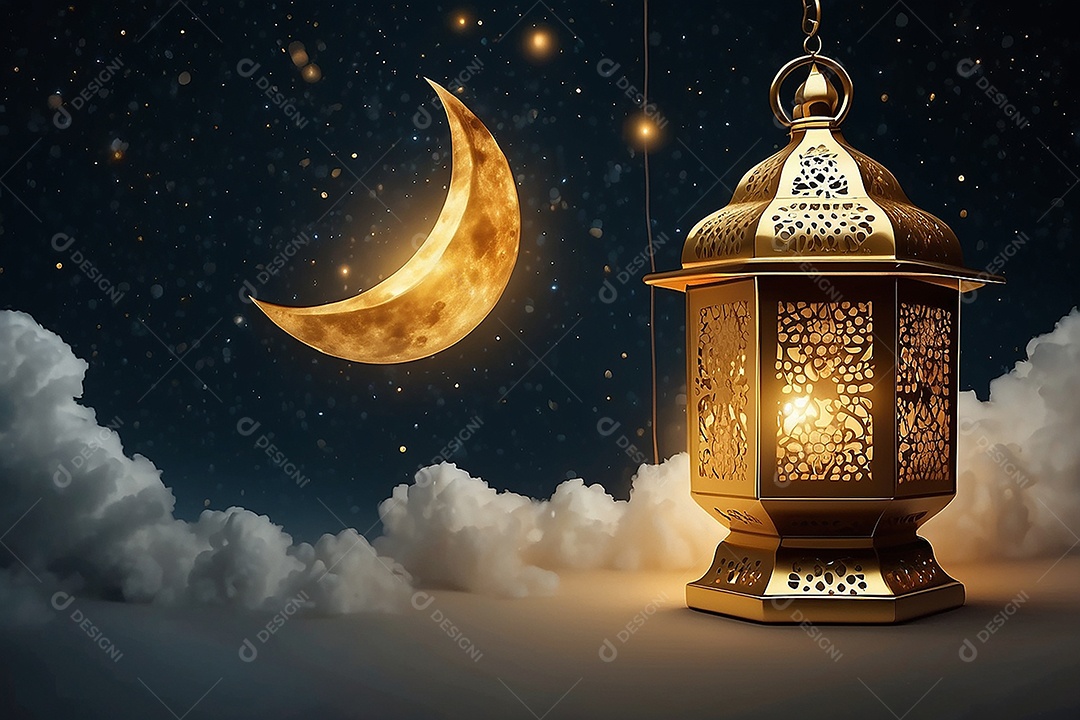 Lanterna islâmica de ouro padrão espaço vazio lua nuvens luzes