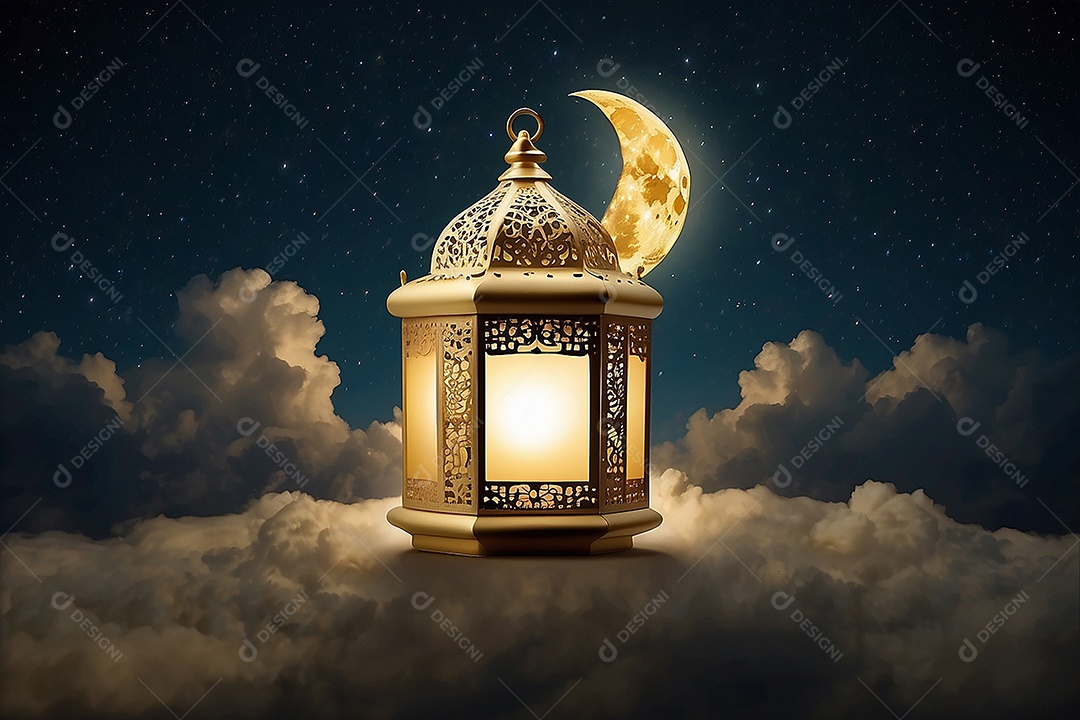 Lanterna islâmica de ouro padrão espaço vazio lua nuvens luzes