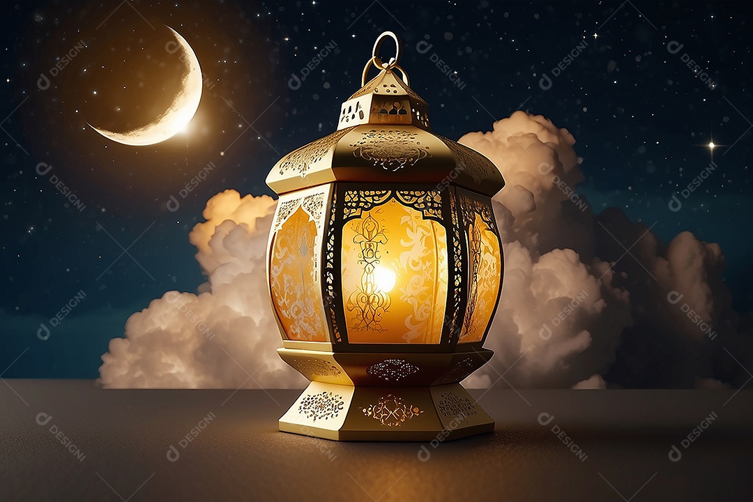 Lanterna islâmica de ouro padrão espaço vazio lua nuvens luzes